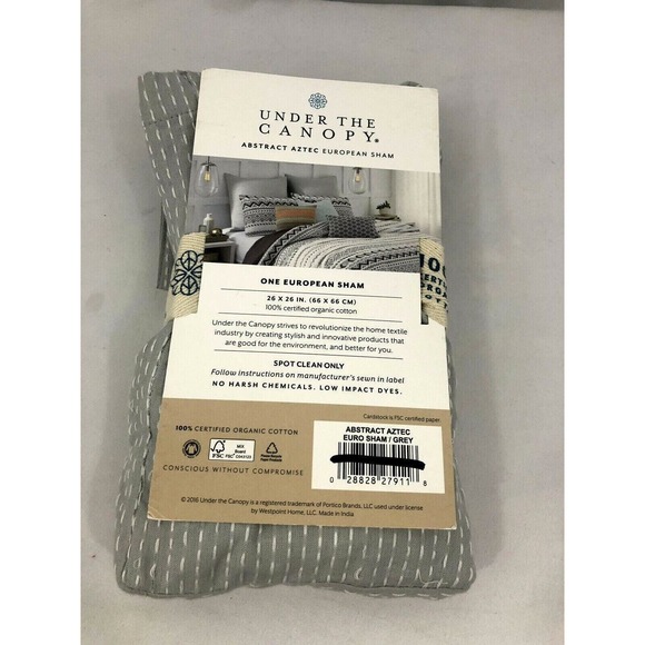 Under The Canopy Euro Sham Gray White Abstract Aztec 100% Organic Cotton 26 x 26 - Picture 3 of 9